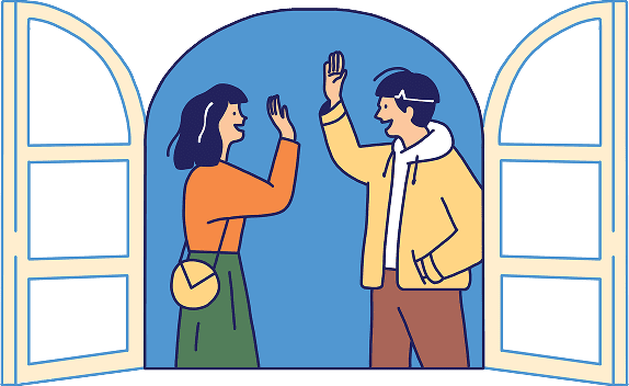 窓辺でハイタッチする人々のイラスト