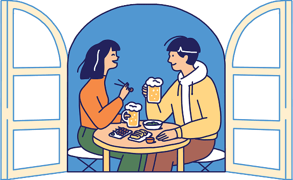 窓辺で食事する人々のイラスト